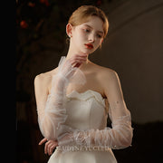 Ruched Tulle Pearls Sleeves Fingerless Gloves