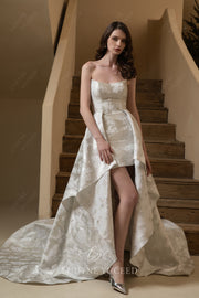 Scoop Neckline Jacquard Satin Wedding Dress With Overskirt