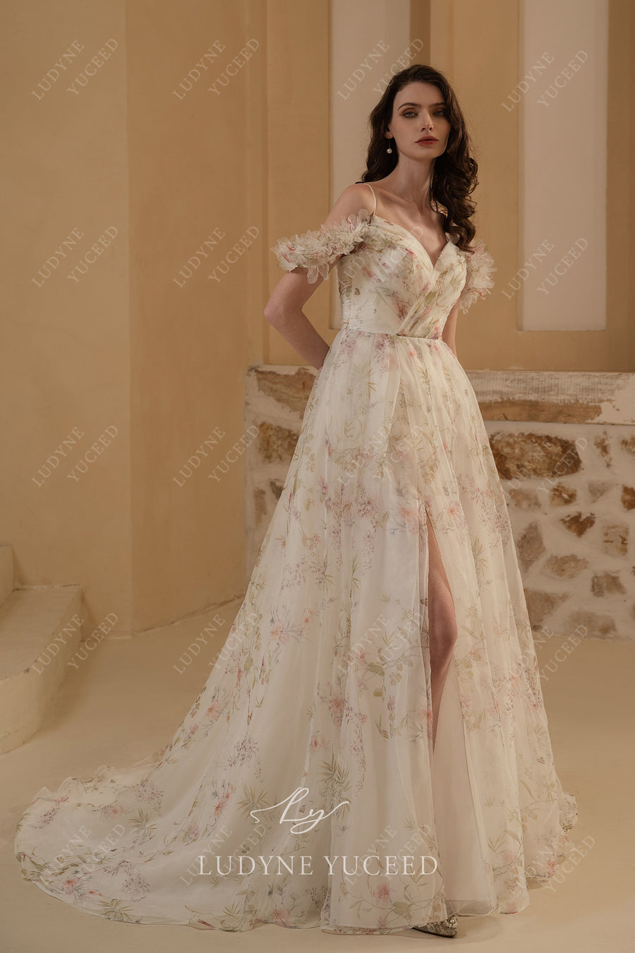 Floral Plunging V-Neckline Wedding Dress