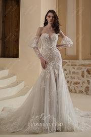 Sparkling Plunging Sweetheart Detachable Sleeves Wedding Dress