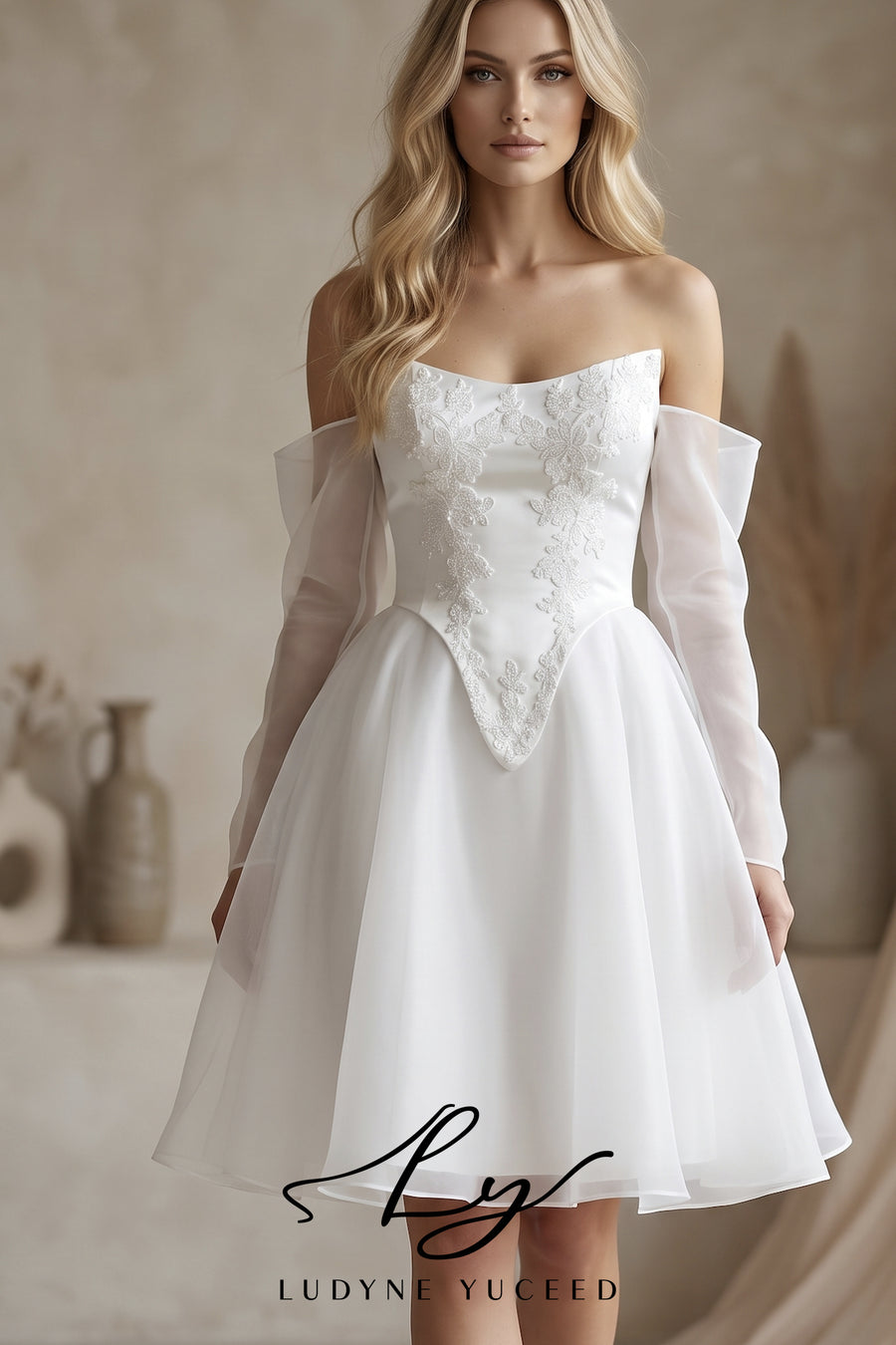 Abito da sposa a-line senza spalline in organza floreale 3D con maniche staccabili
