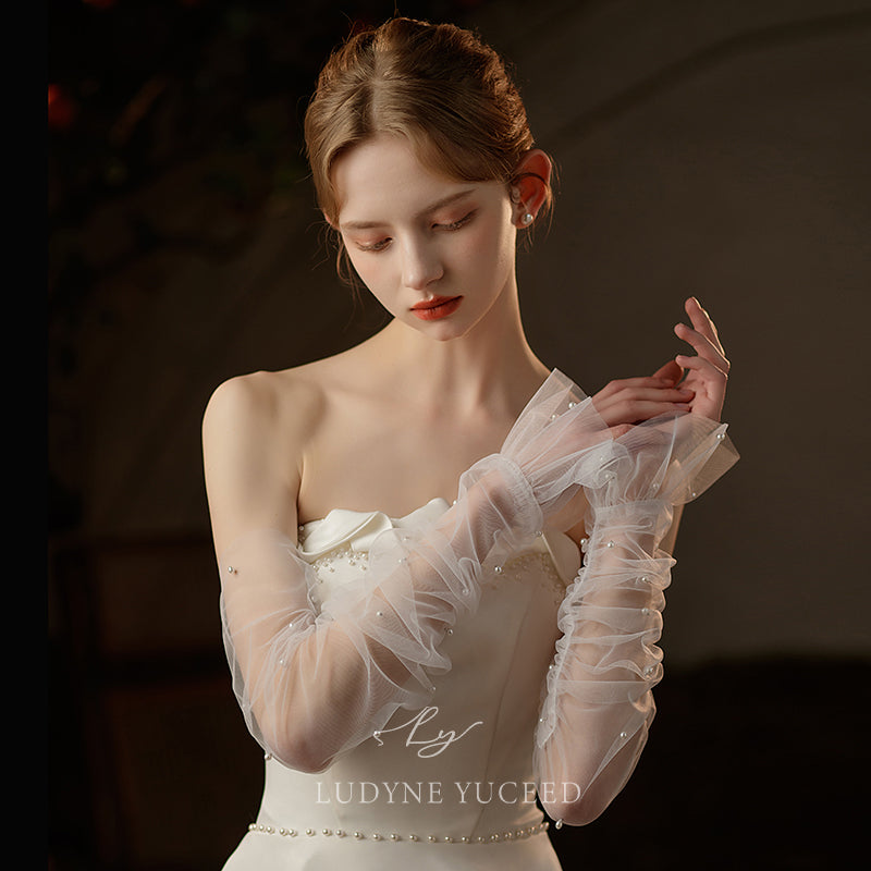 Ruched Tulle Pearls Sleeves Fingerless Gloves