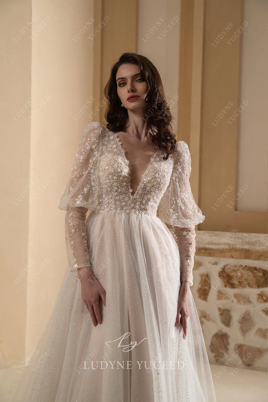 Long Sleeve A-Line Sheer Bodice Deep V-Neck Wedding Dress