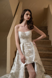 Scoop Neckline Jacquard Satin Wedding Dress With Overskirt