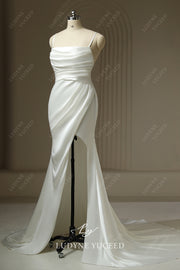 Square Neck Sleeveless Pleated Slit Sheath Court Train Wedding Dress