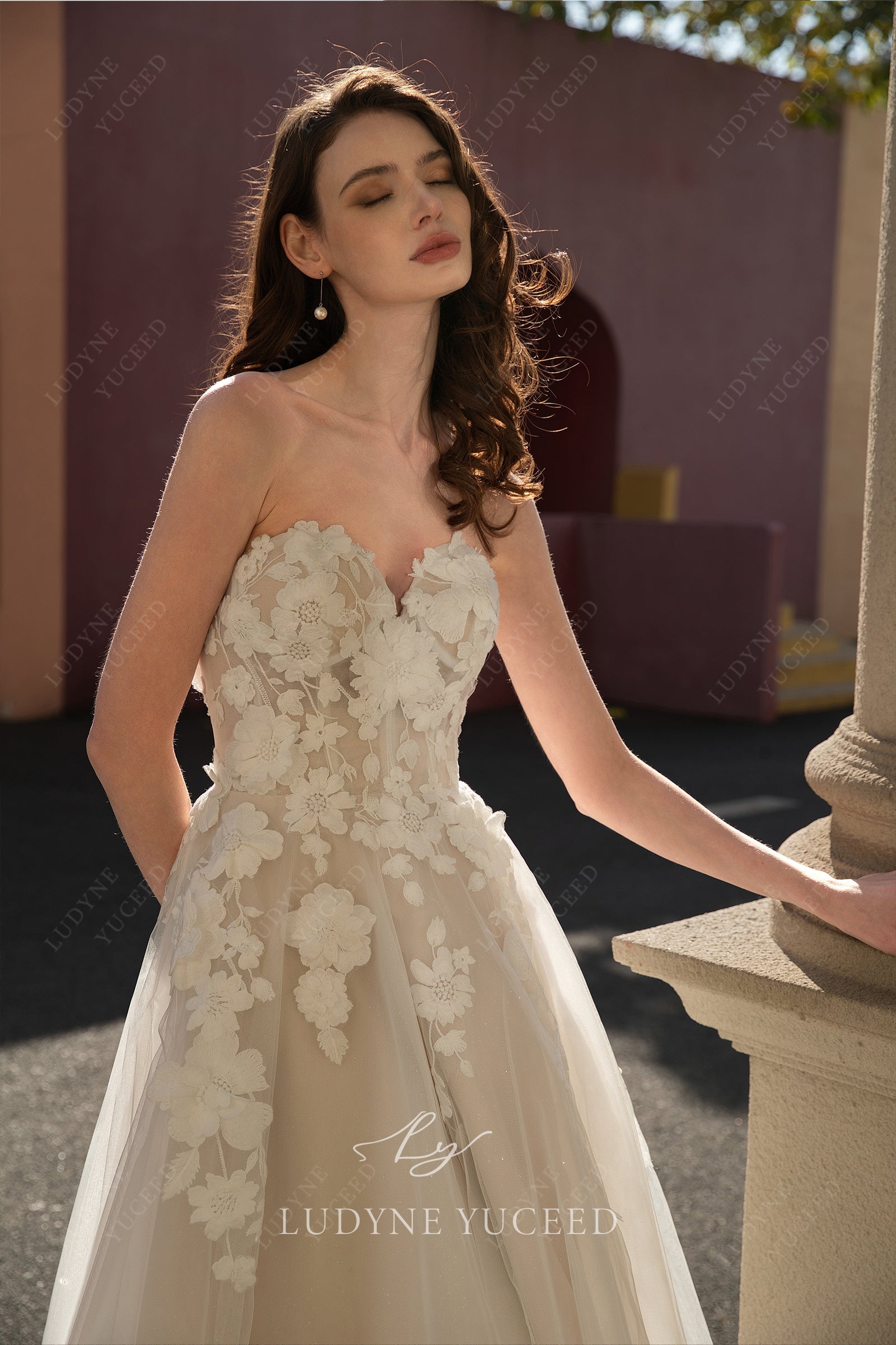 In Stock|A-Line Strapless 3D Floral Organza Detachable sleeves Wedding Dress