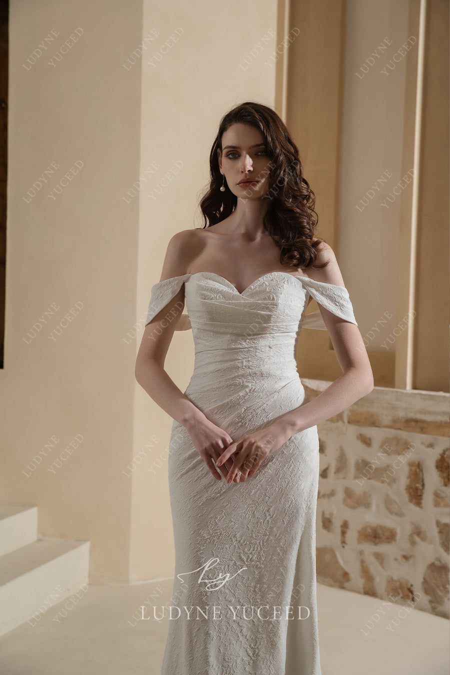 In Stock|Simple and Elegant Satin Off-The-Shoulder Wedding Gown