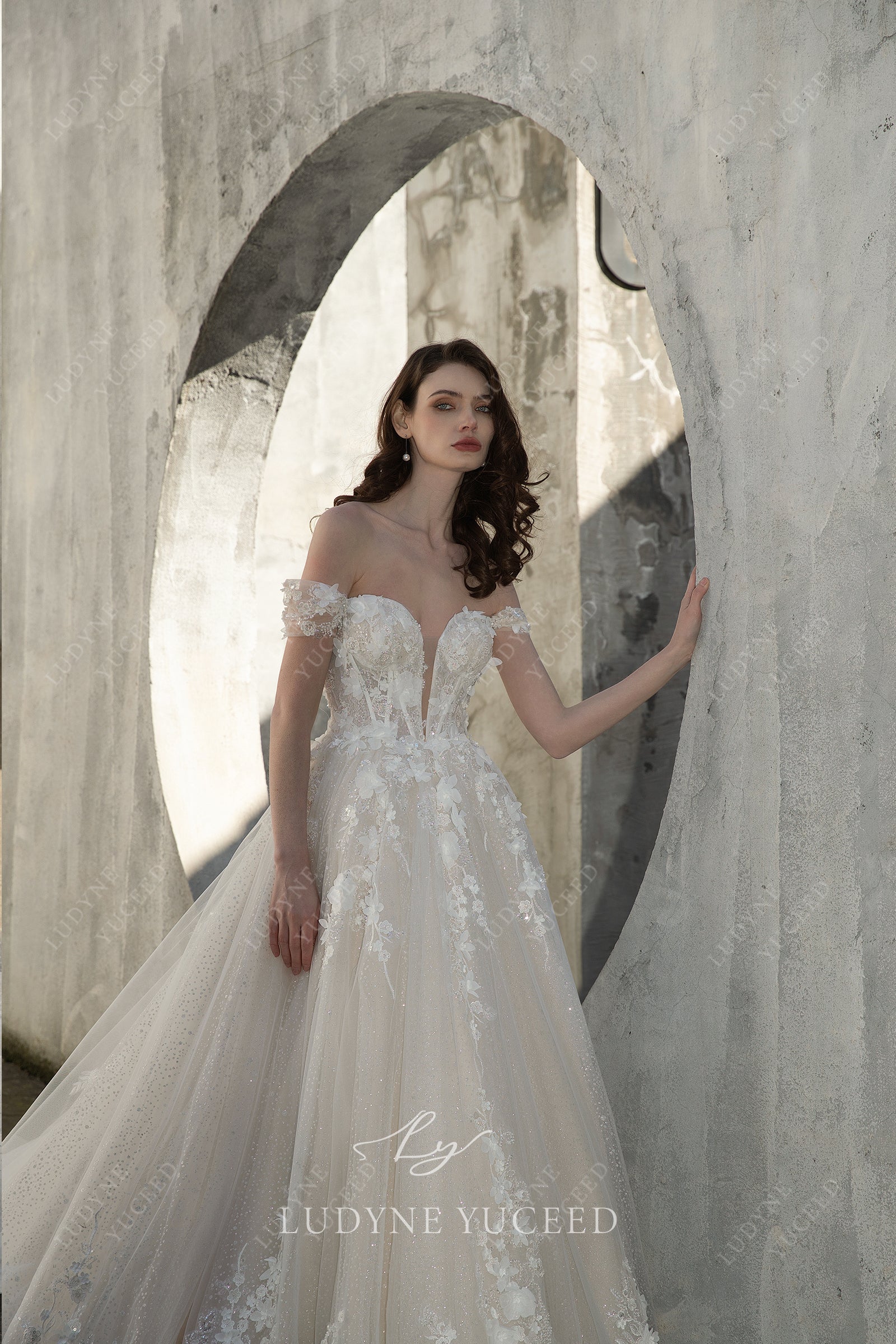 Luxury 3D Floral Lace Off The Shoulder Ballgown Wedding