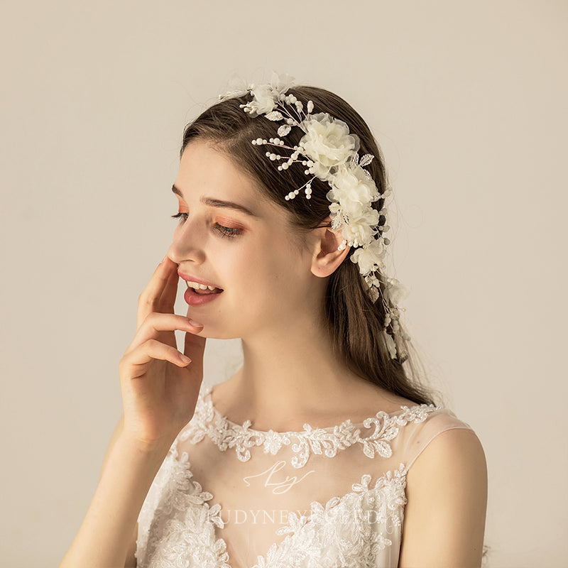 Delicate Flower Pearl Silver Leaf Bridal Headpiece