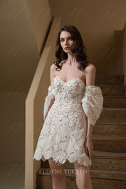 Short Lace Detachable Sleeves Wedding Dress