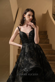 V-Neck Black High Low Organza Spaghetti Straps Wedding Dress