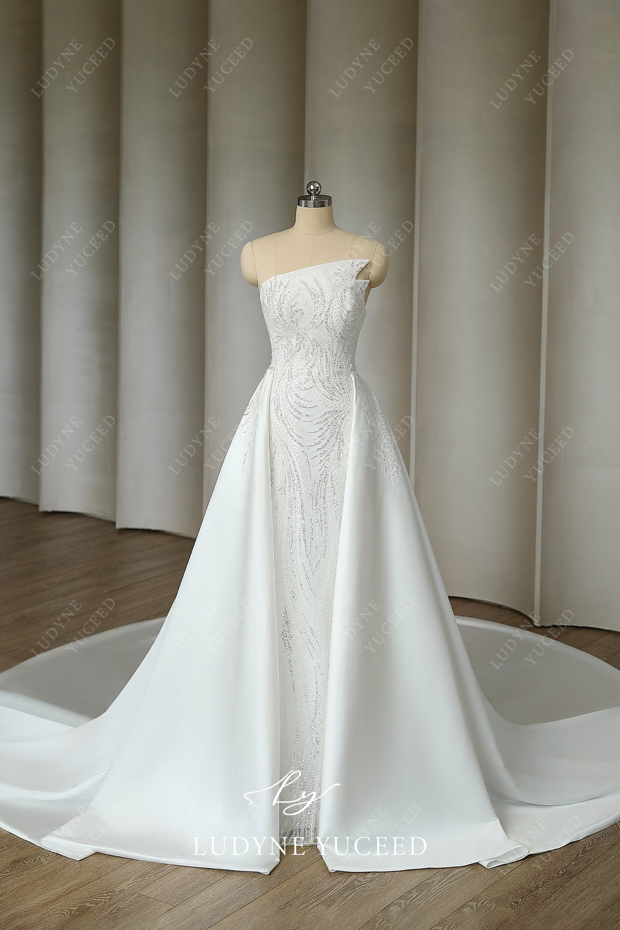 Unique Design Neck Sequin Sleeveless Mermaid Wedding Dress With Overskirt