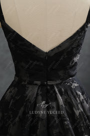 V-Neck Black High Low Organza Spaghetti Straps Wedding Dress