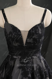 V-Neck Black High Low Organza Spaghetti Straps Wedding Dress