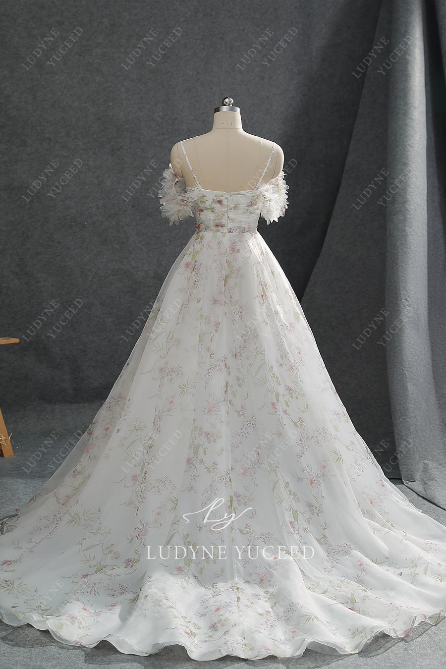 Floral Plunging V-Neckline Wedding Dress