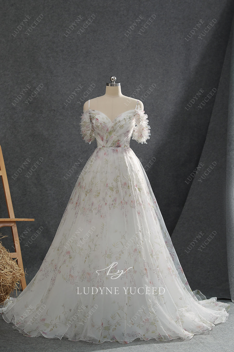 Floral Plunging V-Neckline Wedding Dress