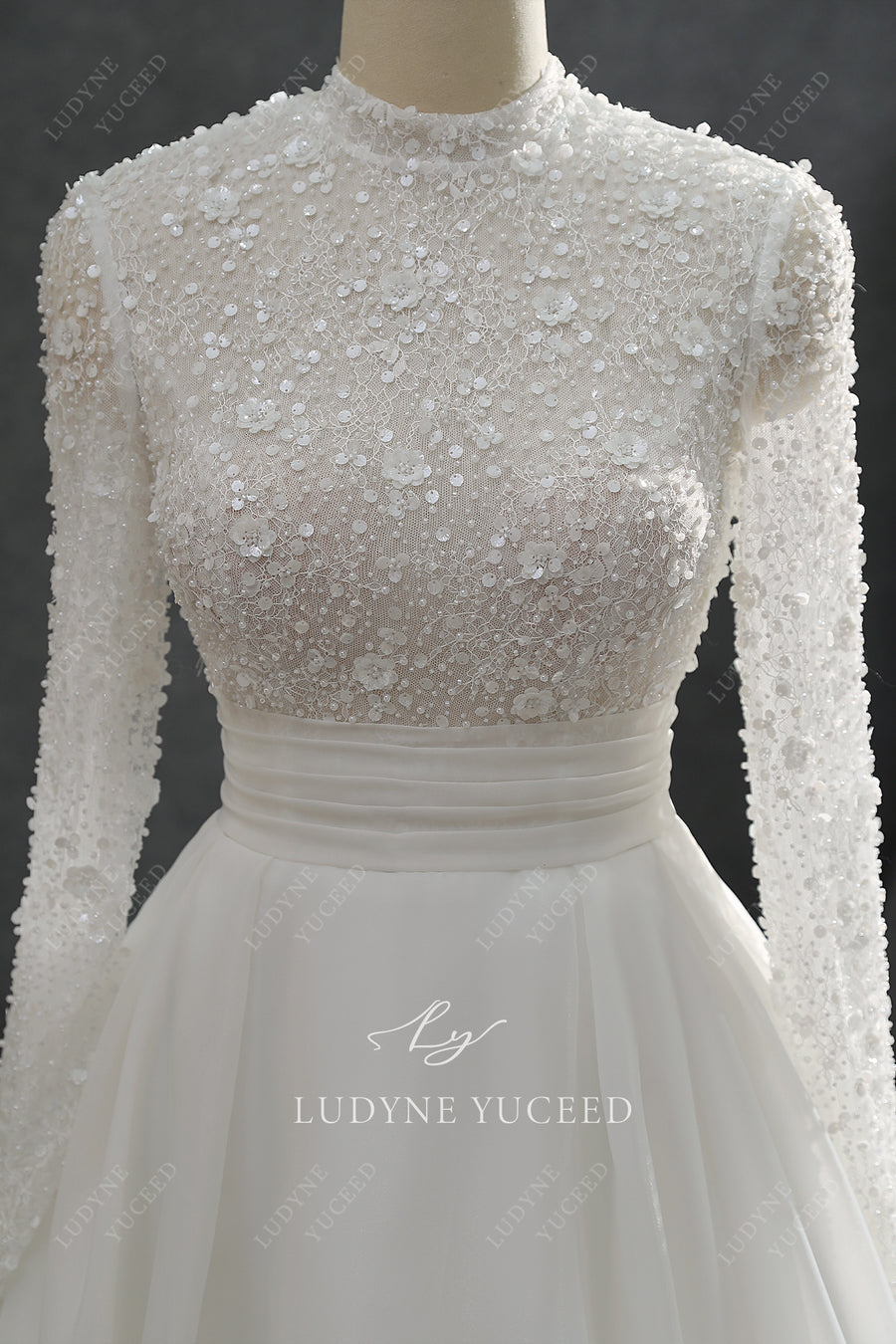 High Neck Princess Beaded Lace Wedding Dress