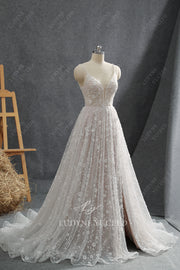 Embellished Floral Tulle A-Line Slit Wedding Dress