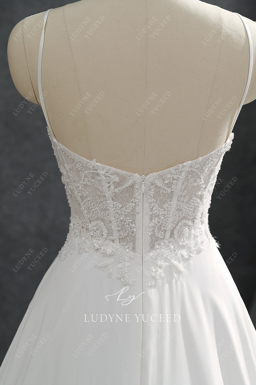 Spaghetti Straps Chiffon Cutout Lace Cathedral Train Wedding Dress