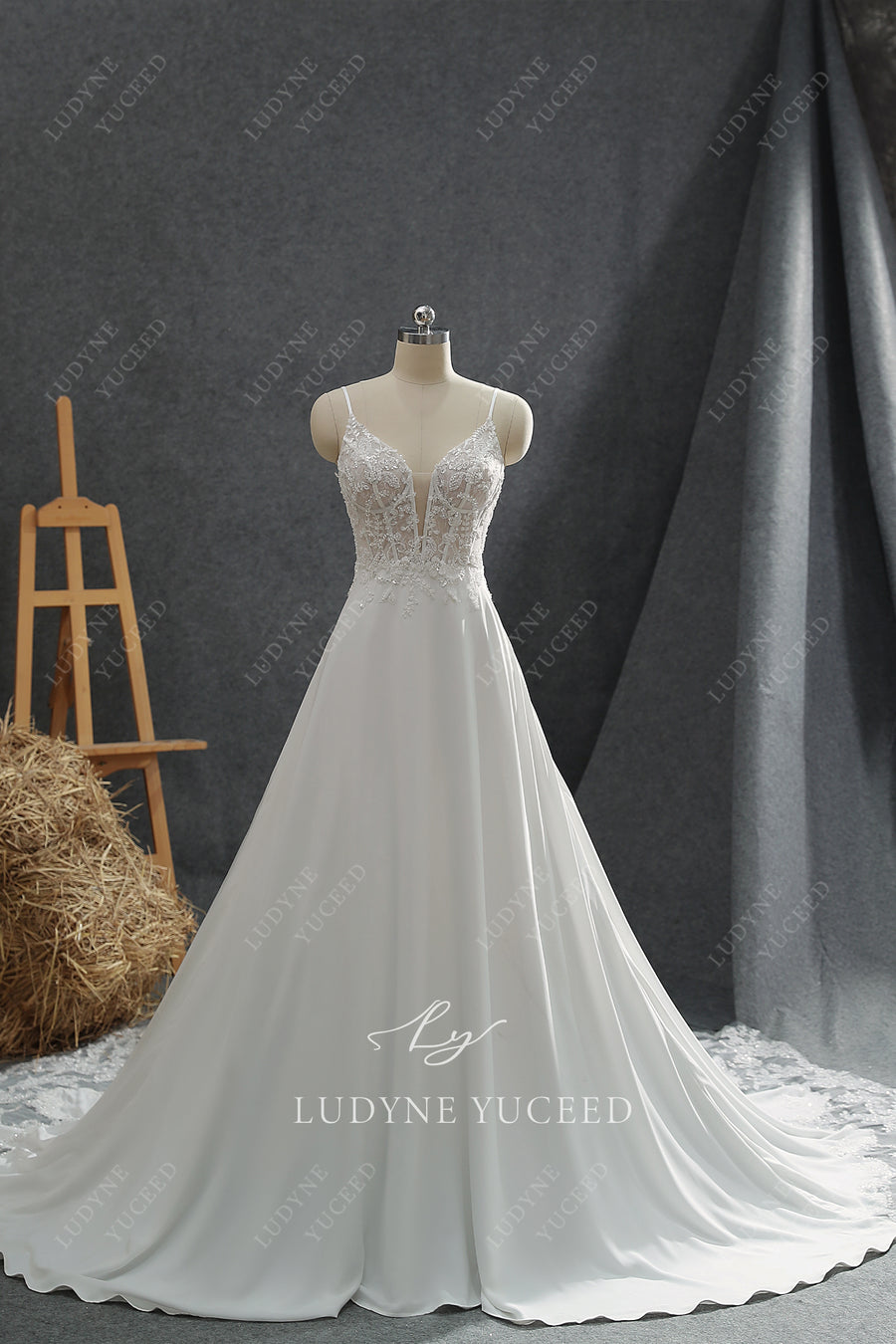 Spaghetti Straps Chiffon Cutout Lace Cathedral Train Wedding Dress