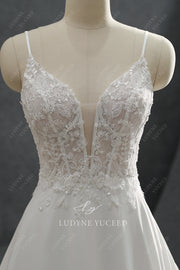 Spaghetti Straps Chiffon Cutout Lace Cathedral Train Wedding Dress