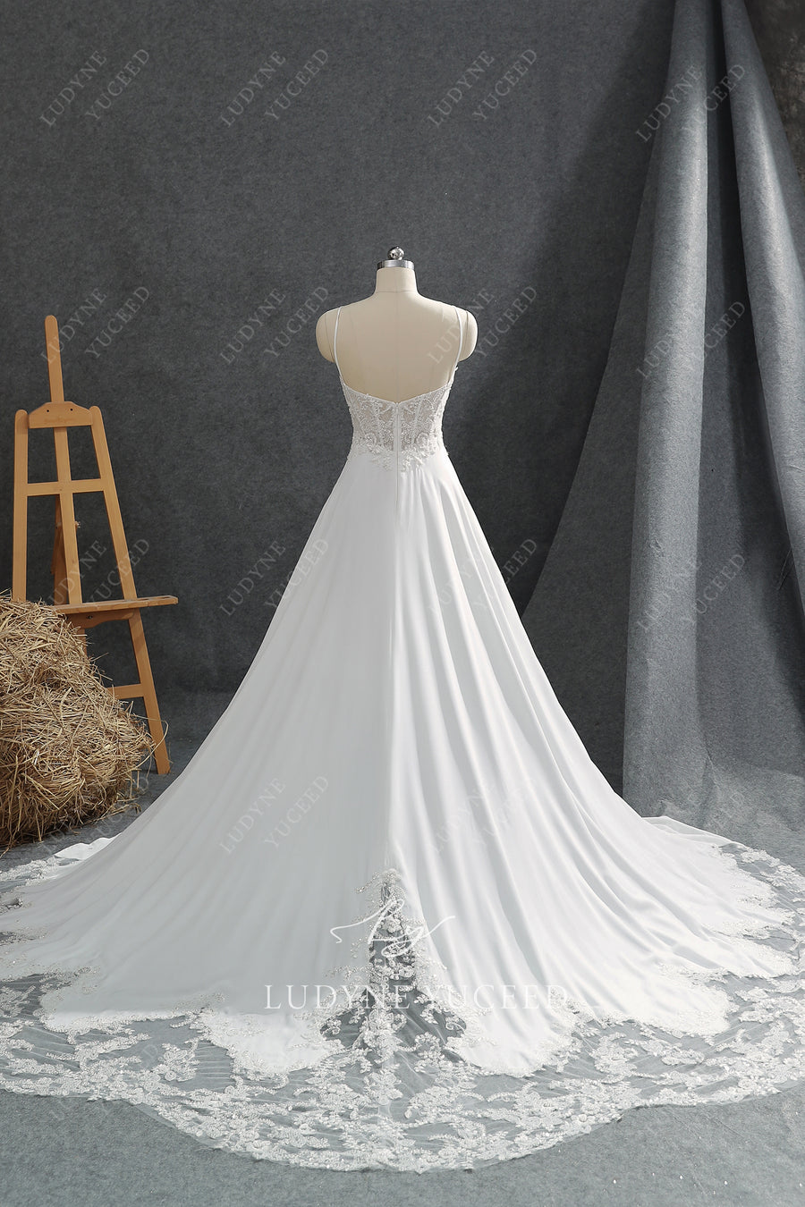 Spaghetti Straps Chiffon Cutout Lace Cathedral Train Wedding Dress