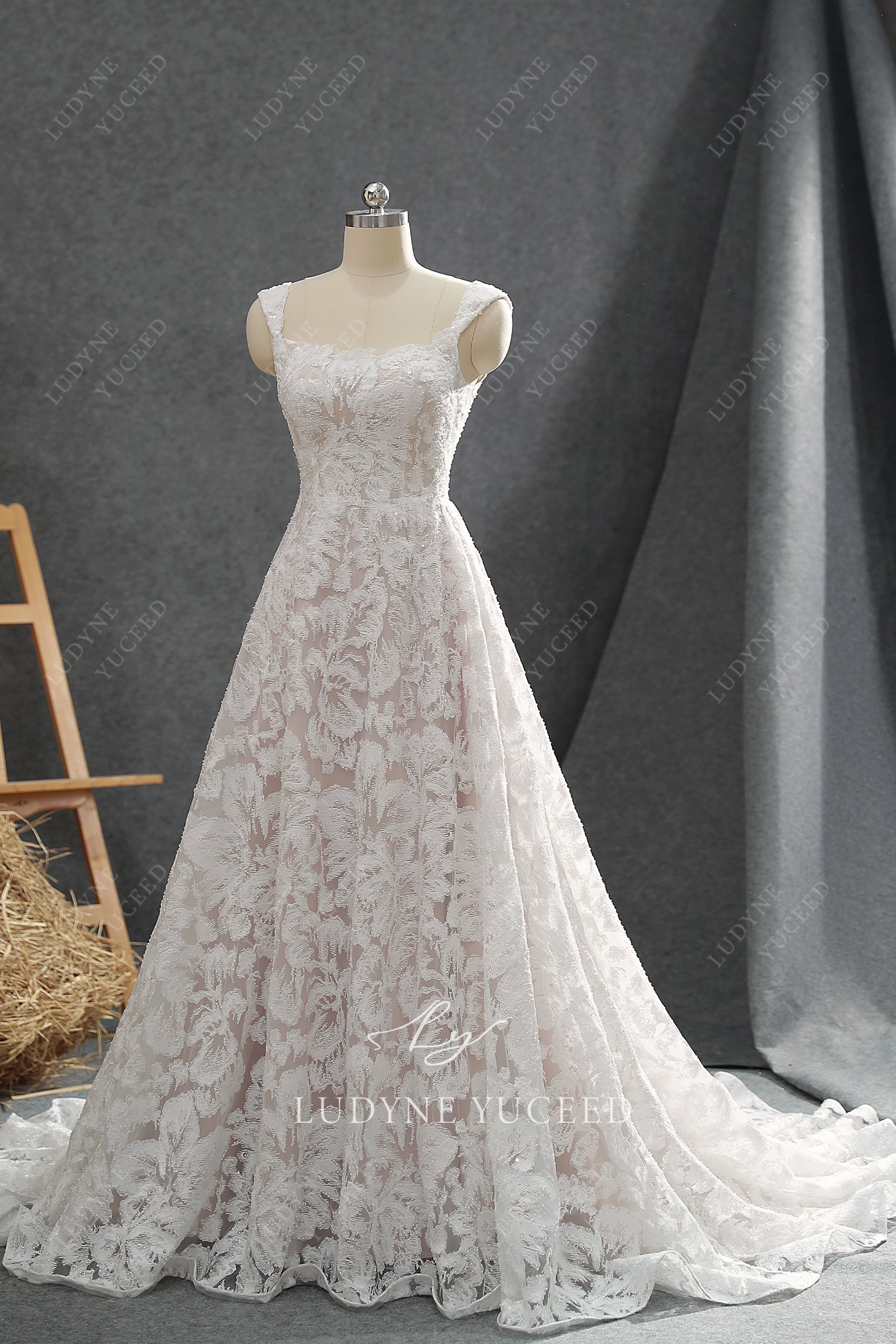 Glittering Allover Lace Square Neck Wedding Dress Wholesale
