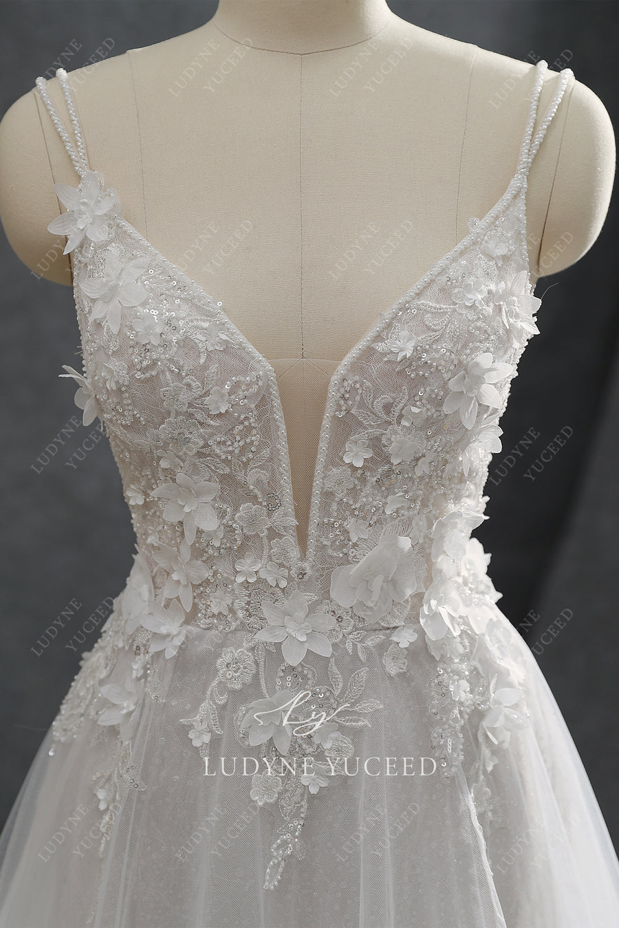 V-Neckline Floral Details Wedding Dress