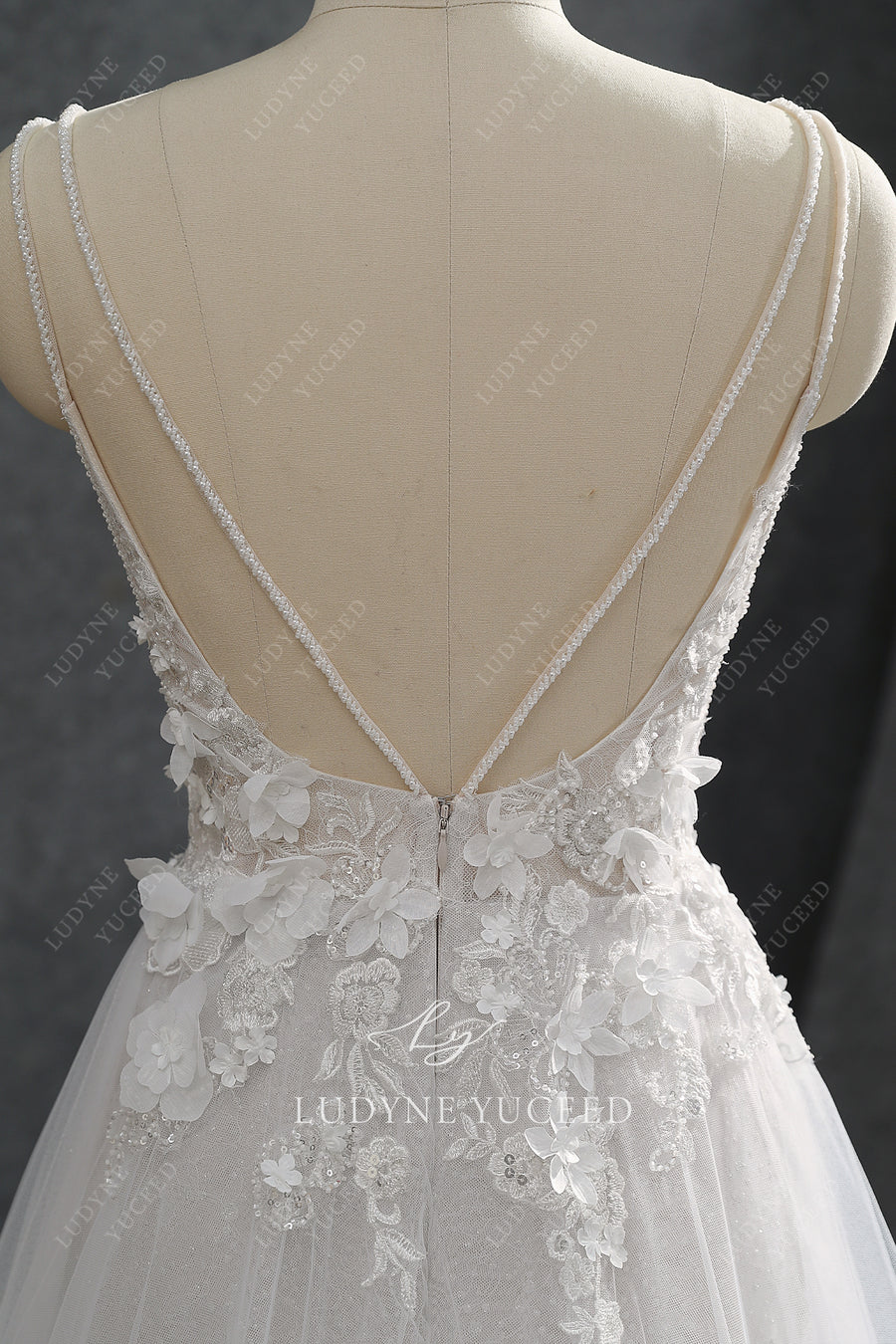 V-Neckline Floral Details Wedding Dress