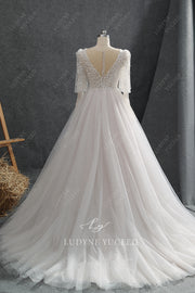 Long Sleeve A-Line Sheer Bodice Deep V-Neck Wedding Dress