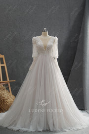 Long Sleeve A-Line Sheer Bodice Deep V-Neck Wedding Dress