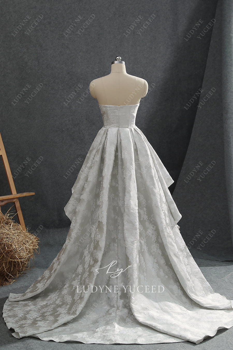 Scoop Neckline Jacquard Satin Wedding Dress With Overskirt