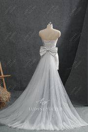 Scoop Neckline Jacquard Satin Wedding Dress With Overskirt