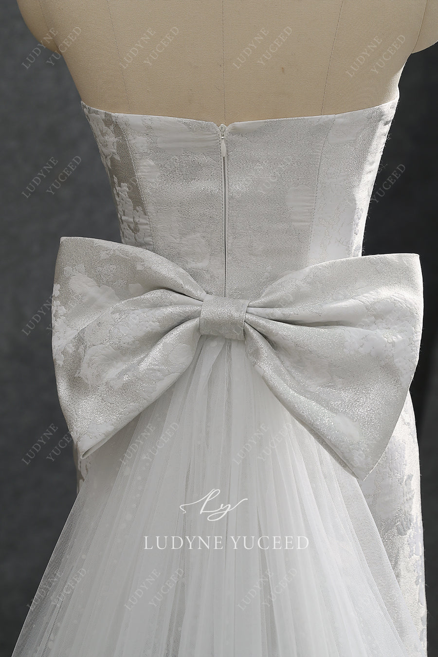 Scoop Neckline Jacquard Satin Wedding Dress With Overskirt