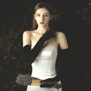 Hepburn Style Black Velvet Long Bridal Gloves