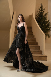 V-Neck Black High Low Organza Spaghetti Straps Wedding Dress