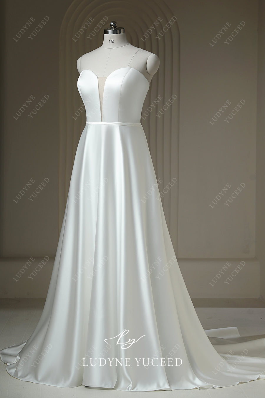 Sweetheart Plunging Neck Satin Sleeveless Court Train Wedding Dress