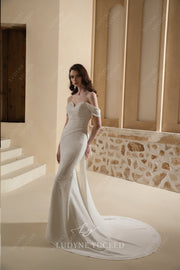 In Stock|Simple and Elegant Satin Off-The-Shoulder Wedding Gown