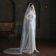 Ethereal Long Bridal Veil with White Feathers and Lace Train