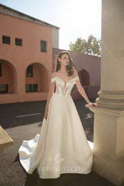 In Stock|Modern Off-the-shoulder Satin Wedding Dress with Pockets