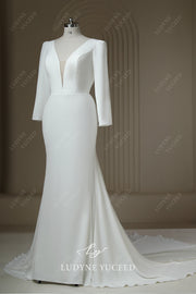 Plunging Neckline Satin Long Sleeve Backless Court Train Wedding Dress