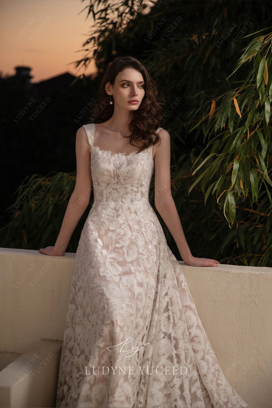 Glittering Allover Lace Square Neck Wedding Dress