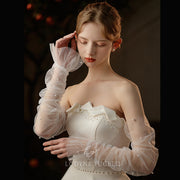 Ruched Tulle Pearls Sleeves Fingerless Gloves