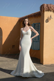 Crepe V-Neck Sexy Exposed Boning Spaghetti Straps Wedding Dress