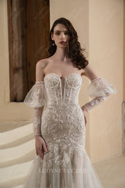 Sparkling Plunging Sweetheart Detachable Sleeves Wedding Dress