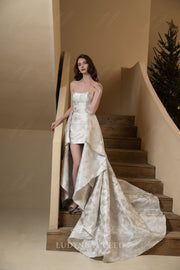 Scoop Neckline Jacquard Satin Wedding Dress With Overskirt