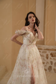 Floral Plunging V-Neckline Wedding Dress