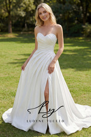 Strapless Ruched Satin A-Line Gown with High Slit