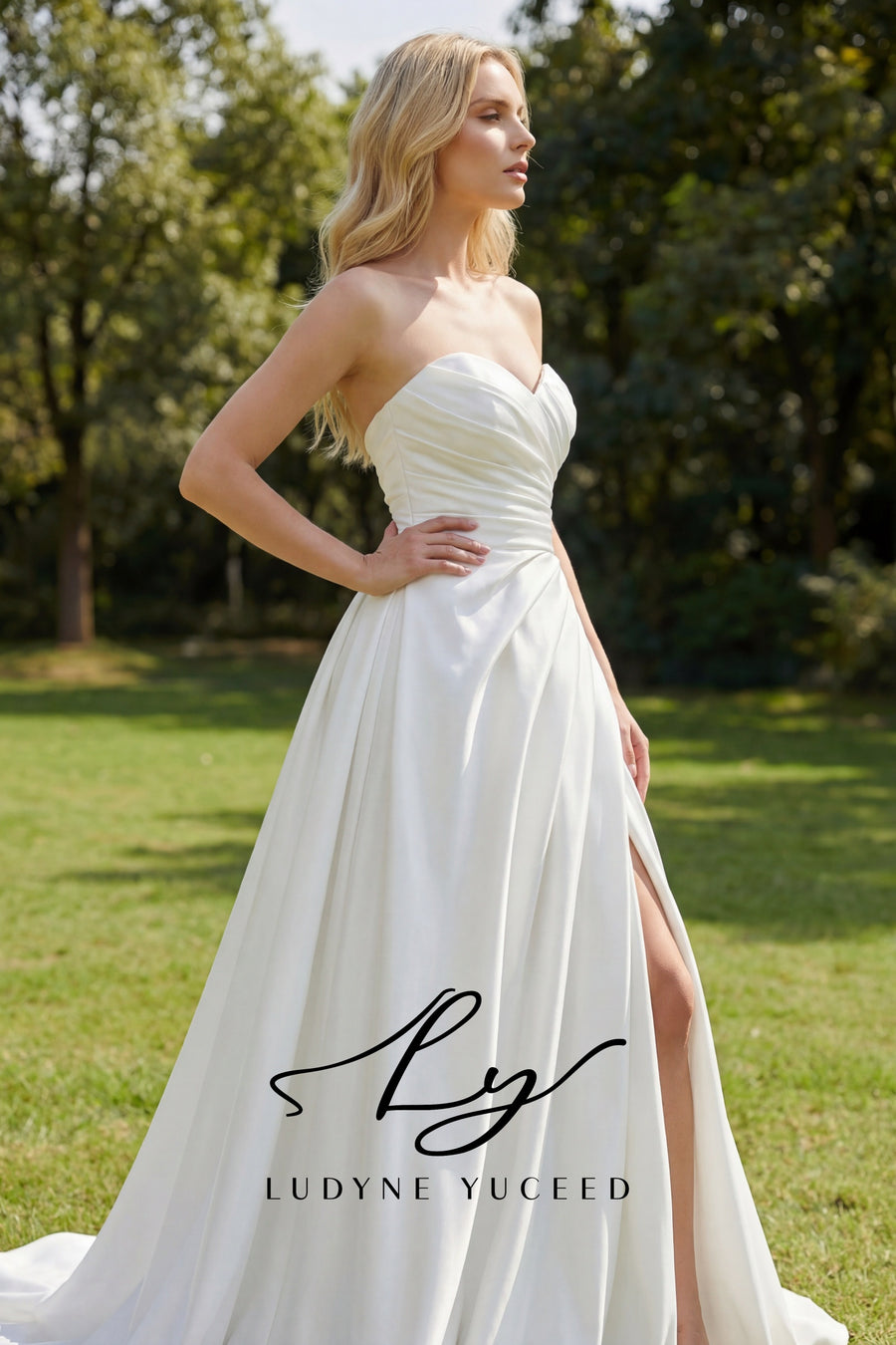 Strapless Ruched Satin A-Line Gown with High Slit