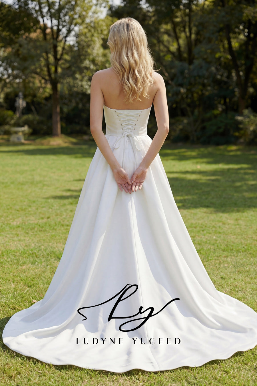 Strapless Ruched Satin A-Line Gown with High Slit